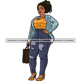 African American Woman Standing And Hand Holding Bag Locus Long Hairstyle Design Element White Background SVG JPG PNG Vector Clipart Cricut Silhouette Cut Cutting