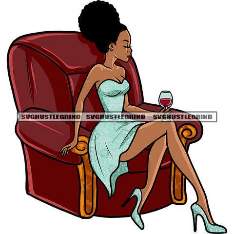 Gangster African American Girls Sitting On Sofa Hand Holding Wine Glass Design Element Close Eyes Vector Afro Hairstyle SVG JPG PNG Vector Clipart Cricut Silhouette Cut Cutting