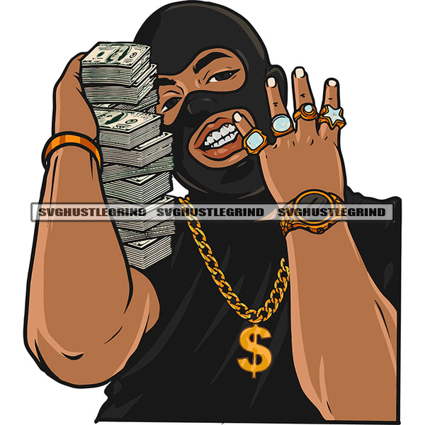 African American Man Holding Money Bundle Smile Face Afro Man Wearing Watch And Dimond Ring Design Element SVG JPG PNG Vector Clipart Cricut Silhouette Cut Cutting