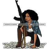 Gangster African American Woman Hand Holding Gun Sexy Pose Sitting On Money Note Puffy Hairstyle Design Element SVG JPG PNG Vector Clipart Cricut Silhouette Cut Cutting