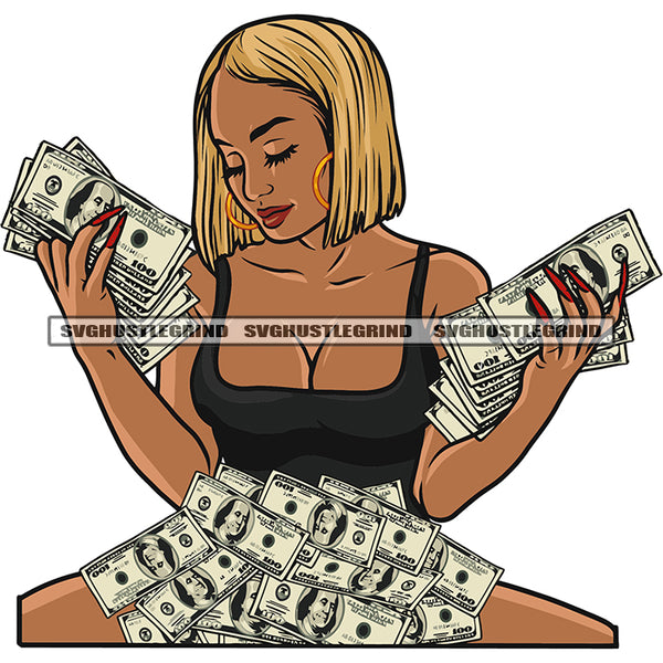 Gangster African American Woman Hand Holding Money Bundle Wearing Hoop Earing Locus Golden Hairstyle Hide Body On Money Note Afro Close Eyes SVG JPG PNG Vector Clipart Cricut Silhouette Cut Cutting