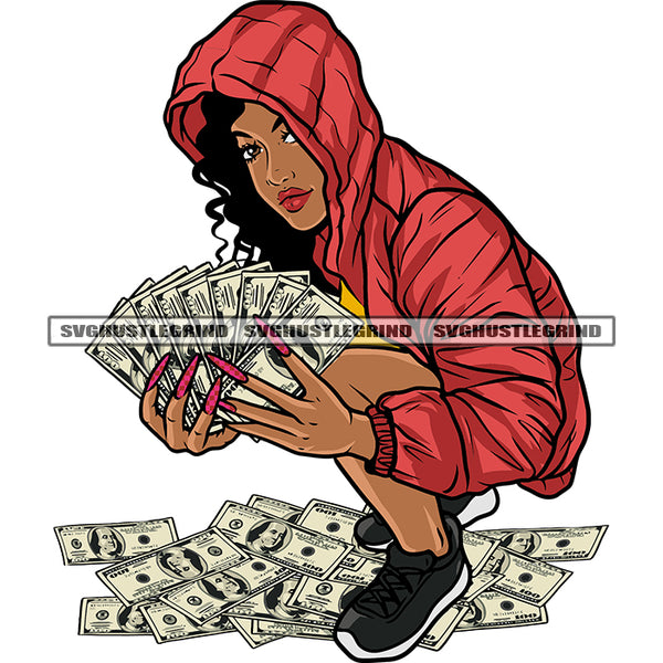 Afro Girls Hand Holding Money Note Long Nail Curly Long Hairstyle Design Element African American Sexy Woman Sitting Pose Design Element SVG JPG PNG Vector Clipart Cricut Silhouette Cut Cutting