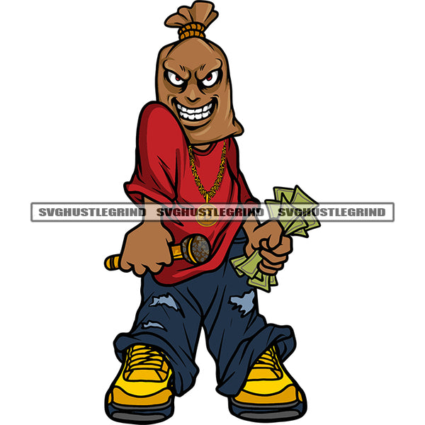 Gangster African American Money Bag Cartoon Character Hand Holding Money Note Cartoon Smile Face Hip-Hop Pose SVG JPG PNG Vector Clipart Cricut Silhouette Cut Cutting