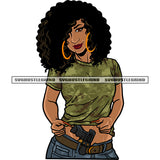 African American Gangster Woman Hand Holding T-Shirt Smile Face Hoop Earing Curly Hairstyle Design Element White Background SVG JPG PNG Vector Clipart Cricut Silhouette Cut Cutting