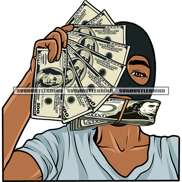 Gangster African American Woman Bite On Money Bundle And Showing Money Note Design Element Afro Woman Wearing Ski Mask SVG JPG PNG Vector Clipart Cricut Silhouette Cut Cutting