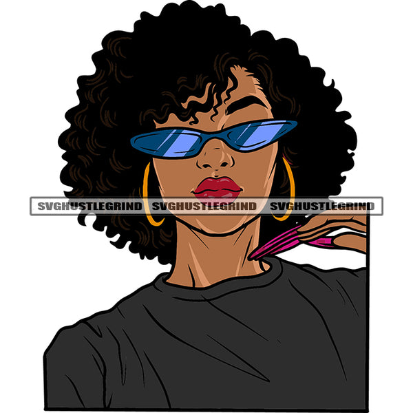 Gangster African American Woman Showing Long Nail And Wearing Sunglass Curly Short Hairstyle Design Element White Background SVG JPG PNG Vector Clipart Cricut Silhouette Cut Cutting