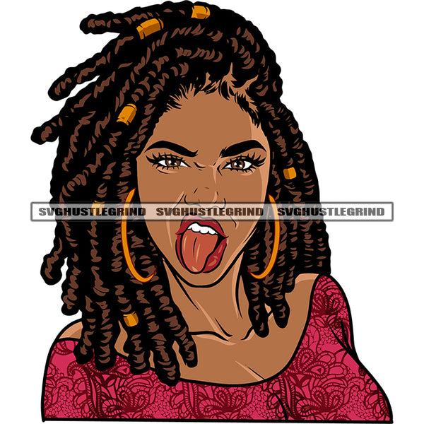 Tongue Out Of Mouth African American Woman Face Design Element Wearing Hoop Earing Locus Hairstyle White Background SVG JPG PNG Vector Clipart Cricut Silhouette Cut Cutting