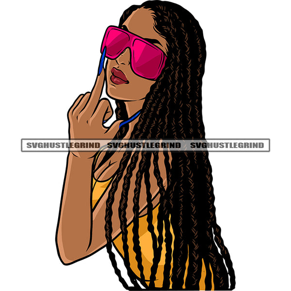 African American Woman Showing Middle Finger And Wearing Sunglass Locus Long Hairstyle Design Element White Background SVG JPG PNG Vector Clipart Cricut Silhouette Cut Cutting