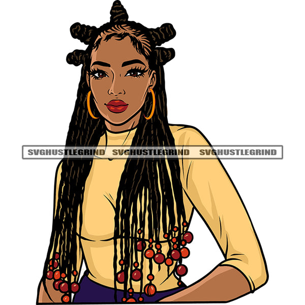 Smile Face African American Woman Standing Hand Holding Locus Hair Wearing Hoop Earing Beautiful Black Woman Face SVG JPG PNG Vector Clipart Cricut Silhouette Cut Cutting