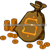 Bitcoin Bag And Lot Of Bitcoins On Floor Design Element White Background SVG JPG PNG Vector Clipart Cricut Silhouette Cut Cutting