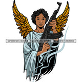 African American Angel Woman Hand Holding Gun AK47 Afro Woman Angele Wings Golden Color Design Element SVG JPG PNG Vector Clipart Cricut Silhouette Cut Cutting