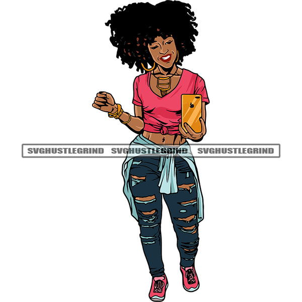 African American Woman Hand Holding Phone And Take Selfie Pose Afro Hairstyle Smile Face Design Element SVG JPG PNG Vector Clipart Cricut Silhouette Cut Cutting