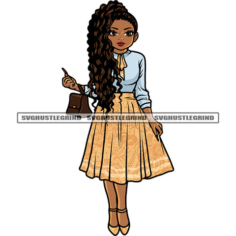 African American Girls Wearing Beautiful Dress Hand Holding Small Hand Bag Afro Girls Cute Face Curly Long Hairstyle Design Element SVG JPG PNG Vector Clipart Cricut Silhouette Cut Cutting
