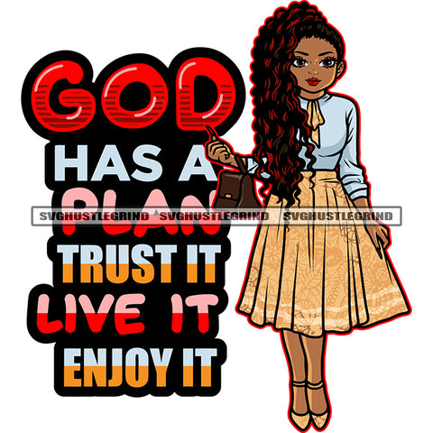 God Has A Plan Trust It Live It Enjou It Quote African American Girls Wearing Beautiful Dress Hand Holding Small Hand Bag Afro Girls Cute Face Curly Long Hairstyle Design Element SVG JPG PNG Vector Clipart Cricut Silhouette Cut Cutting