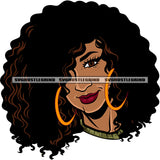 African American Smile Face Woman Wearing Hoop Earing Curly Long Hairstyle Design Element White Background SVG JPG PNG Vector Clipart Cricut Silhouette Cut Cutting