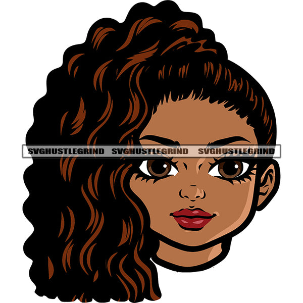 Cute Face African American Girls Curly Long Hairstyle Design Element White Background Afro Girls Beautiful Eyes SVG JPG PNG Vector Clipart Cricut Silhouette Cut Cutting