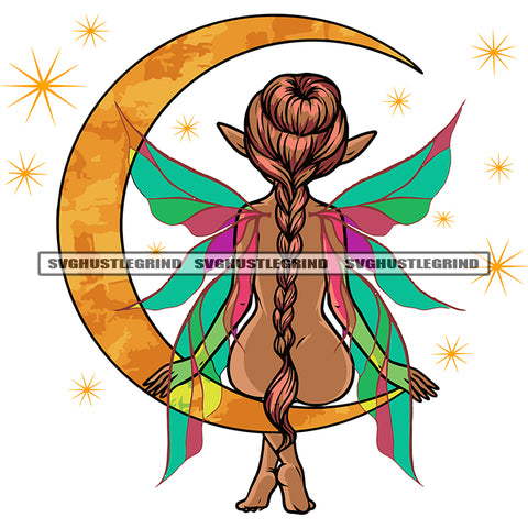 Moon Fairy Sitting On Moon Naked Fairy Color Design Element Fairy Backside And Long Hairstyle Colorful Wings SVG JPG PNG Vector Clipart Cricut Silhouette Cut Cutting