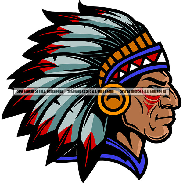 Indian War Paint Chief Head Native American Logo Design Element Color Birds Father Vector SVG JPG PNG Vector Clipart Cricut Silhouette Cut Cutting