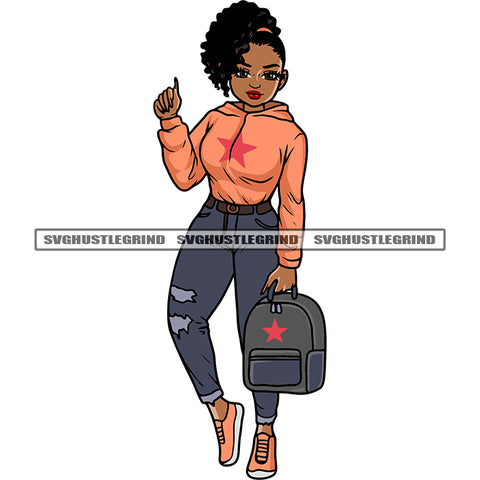 Beautiful African American Girls Student Standing And Afro Short Hairstyle Cute Student Girls Design Element Hand Holding Bag SVG JPG PNG Vector Clipart Cricut Silhouette Cut Cutting