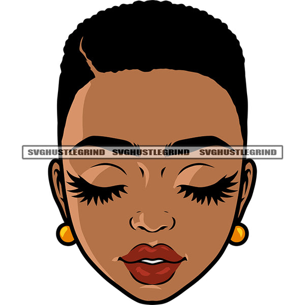Beautiful American African Woman Close Eyes Design Element Afro Short Hairstyle Wearing Short Earing SVG JPG PNG Vector Clipart Cricut Silhouette Cut Cutting