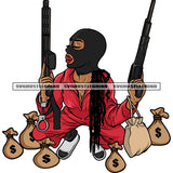 Gangster African American Woman Hand Holding Double Gun And Lot Of Money Bag On Floor Design Element White Background SVG JPG PNG Vector Clipart Cricut Silhouette Cut Cutting