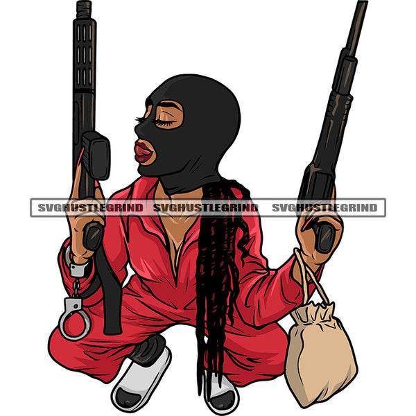 Gangster African American Woman Hand Holding Double Gun And Money Bag Design Element White Background SVG JPG PNG Vector Clipart Cricut Silhouette Cut Cutting