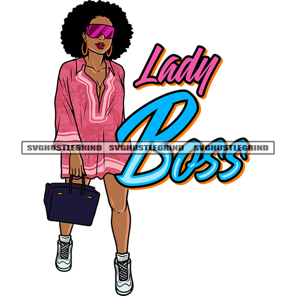 Lady Boss Quote African American Woman Standing Hand Holding Business Bag And Wearing Sunglass Design Element Afro Short Hairstyle SVG JPG PNG Vector Clipart Cricut Silhouette Cut Cutting