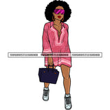 African American Woman Standing Hand Holding Business Bag And Wearing Sunglass Design Element Afro Short Hairstyle SVG JPG PNG Vector Clipart Cricut Silhouette Cut Cutting
