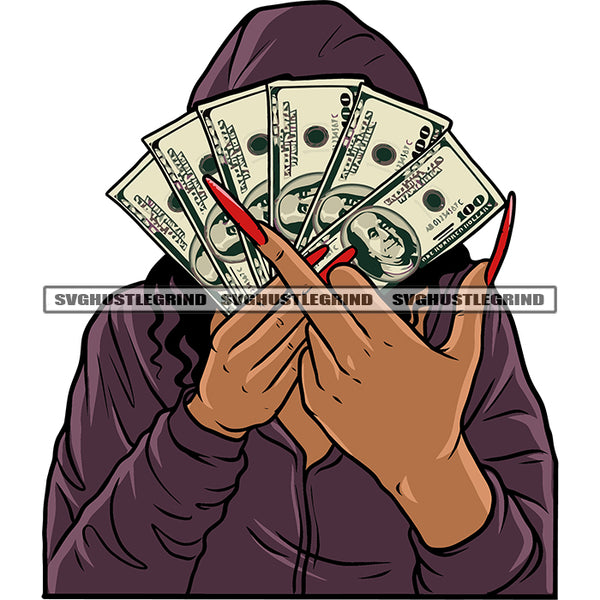 African American Woman Showing Middle Finger Hide Face On Money Note Vector Design Element Woman Long Nail Vector White Background SVG JPG PNG Vector Clipart Cricut Silhouette Cut Cutting