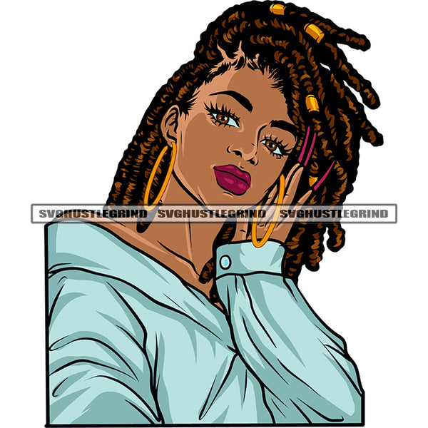 Beautiful African American Woman Thinking Pose Wearing Hoop Earing Locus Hairstyle Design Element Afro Girls Cute Face Smile Face SVG JPG PNG Vector Clipart Cricut Silhouette Cut Cutting