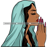 African American Woman Hard Praying Hand Long Nail Close Eyes Afro Woman Side Face Design Element Cloth On Head White Background SVG JPG PNG Vector Clipart Cricut Silhouette Cut Cutting