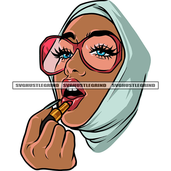 African American Woman Wearing Hijab And Lip-Stick And Sunglass Design Element Afro Girls Beautiful Face White Background SVG JPG PNG Vector Clipart Cricut Silhouette Cut Cutting