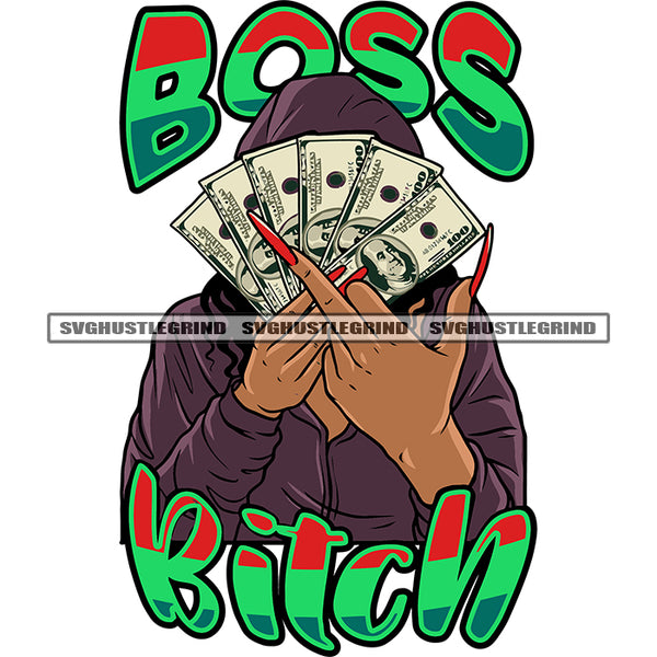 Boss Bitch Quote African American Woman Showing Middle Finger Hide Face On Money Note Vector Design Element Woman Long Nail Vector White Background SVG JPG PNG Vector Clipart Cricut Silhouette Cut Cutting