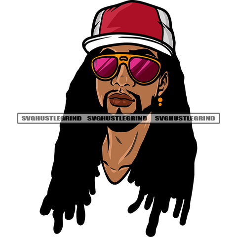 African American Gangster Man Wearing Cap Locus Long Hairstyle Design Element Wearing Sunglass Afro Man Attitude Face SVG JPG PNG Vector Clipart Cricut Silhouette Cut Cutting