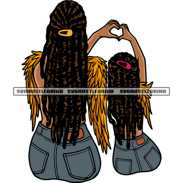 Angle Sitting Pose And Hand Make Love Sign Design Element African American Angle Mom And Daughter Locus Hairstyle SVG JPG PNG Vector Clipart Cricut Silhouette Cut Cutting