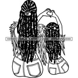 Black And White Angle Sitting Pose And Hand Make Love Sign Design Element African American Angle Mom And Daughter Locus Hairstyle SVG JPG PNG Vector Clipart Cricut Silhouette Cut Cutting