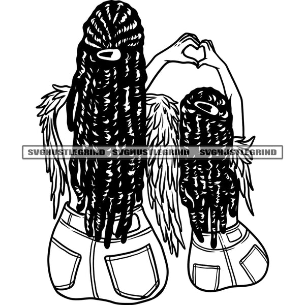 Black And White Angle Sitting Pose And Hand Make Love Sign Design Element African American Angle Mom And Daughter Locus Hairstyle SVG JPG PNG Vector Clipart Cricut Silhouette Cut Cutting