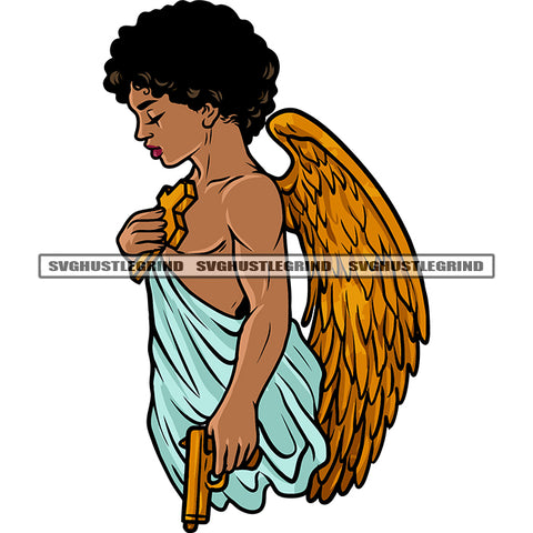 African America Gangster Boy Angel Hand Holding Gun Afro Hairstyle Boy Close Eyes Design Element White Background SVG JPG PNG Vector Clipart Cricut Silhouette Cut Cutting