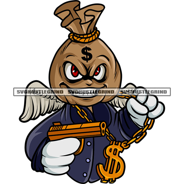 Money Bag Cartoon Angle Character Hand Holding Gun Smile Face And Wearing Dollar Sign Chain Design Element White Background SVG JPG PNG Vector Clipart Cricut Silhouette Cut Cutting