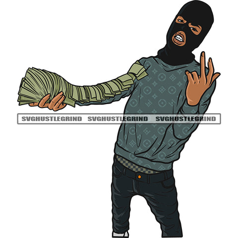 Gangster African American Man Hand Holding Lot Of Money Note Vector Afro Man Wearing Ski Mask Vector Design Element Angry Face SVG JPG PNG Vector Clipart Cricut Silhouette Cut Cutting