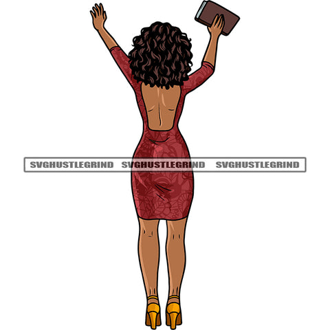 African American Woman Standing Hand Up Design Element Afro Short Hairstyle Woman Hand Holding Short Bag White Background SVG JPG PNG Vector Clipart Cricut Silhouette Cut Cutting