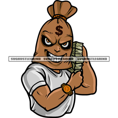 Funny Money Bag Cartoon Character Hand Holding Money Bundle And Character Smile Face Wearing Watch White Background SVG JPG PNG Vector Clipart Cricut Silhouette Cut Cutting