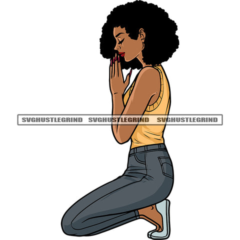 Smile Face African American Girls Sitting Pose Hard Praying Hand Close Eyes Design Element White Background SVG JPG PNG Vector Clipart Cricut Silhouette Cut Cutting