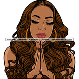 Beautiful African American Woman Hard Praying Hand Wearing Hoop Earing And Close Eyes Design Element Curly Long Hairstyle White Background SVG JPG PNG Vector Clipart Cricut Silhouette Cut Cutting