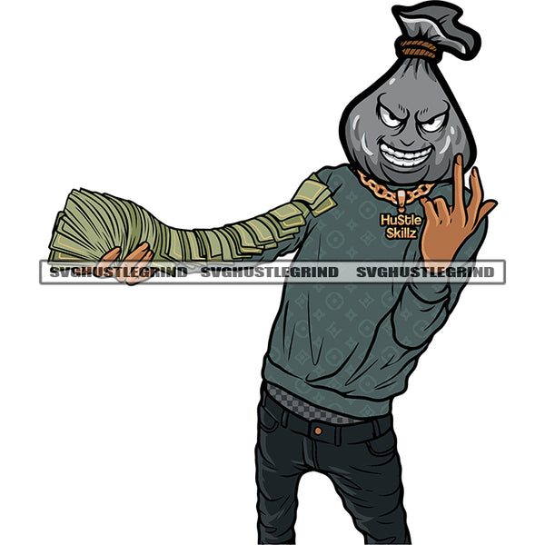 Swag Hand Sign Gangster Funny Money Bag Cartoon Character Hand Holding Money Note Design Element White Background SVG JPG PNG Vector Clipart Cricut Silhouette Cut Cutting