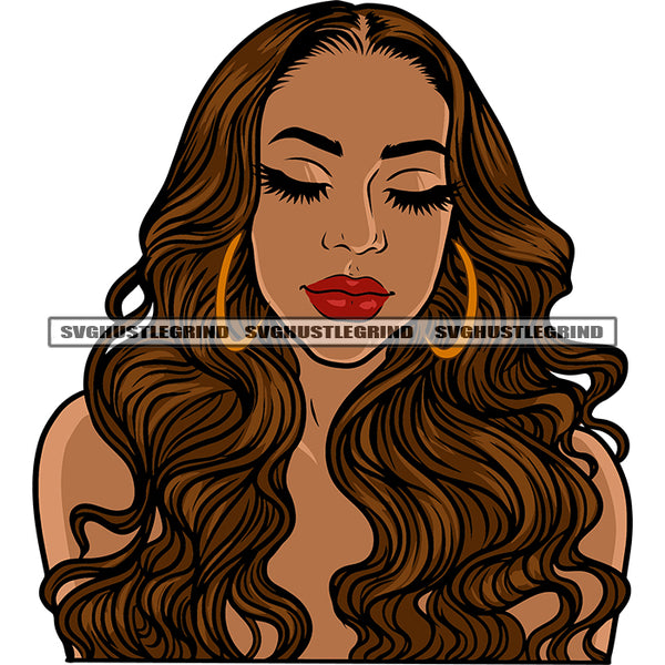 Beautiful African American Woman Wearing Hoop Earing And Close Eyes Design Element Curly Long Hairstyle White Background Afro Beautiful Woman Face SVG JPG PNG Vector Clipart Cricut Silhouette Cut Cutting