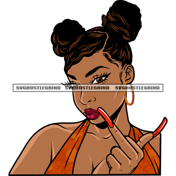 Afro Girls Showing Middle Finger African American Woman Long Nail Afro Short Hairstyle Design Element Wearing Hoop Earing White Background SVG JPG PNG Vector Clipart Cricut Silhouette Cut Cutting