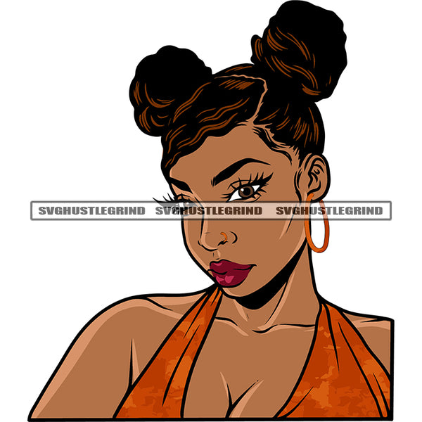 Gangster African American Woman Face Design Element Wearing Hoop Earing Afro Girls Beautiful Eyes And Afro Hairstyle SVG JPG PNG Vector Clipart Cricut Silhouette Cut Cutting