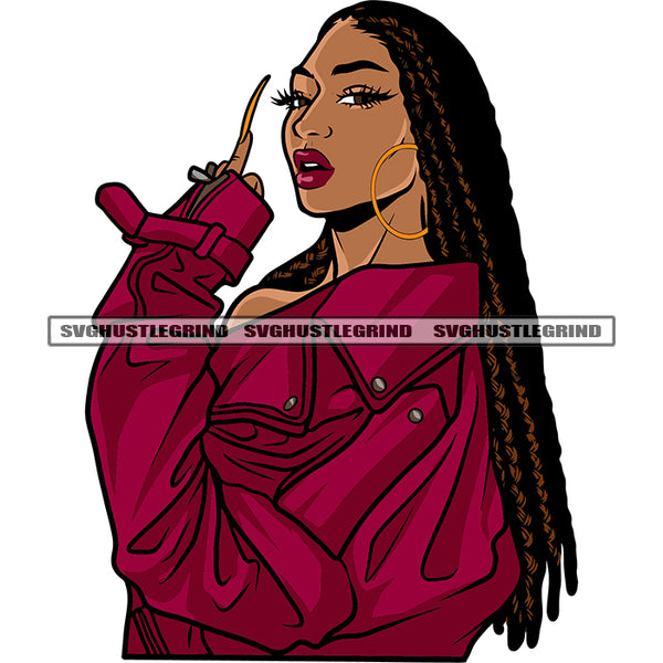 Gangster African American Woman Showing Middle Finger Wearing Hoop Earing Design Element Locus Long Hairstyle White Background SVG JPG PNG Vector Clipart Cricut Silhouette Cut Cutting