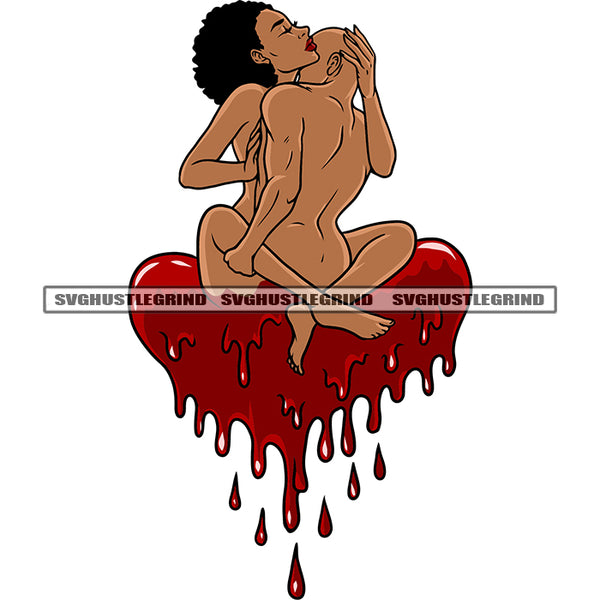 African American Couple Romantic Pose Hug Each Other Afro Bald Head Man Sexy Pose Red Color Heart Blood Dripping SVG JPG PNG Vector Clipart Cricut Silhouette Cut Cutting